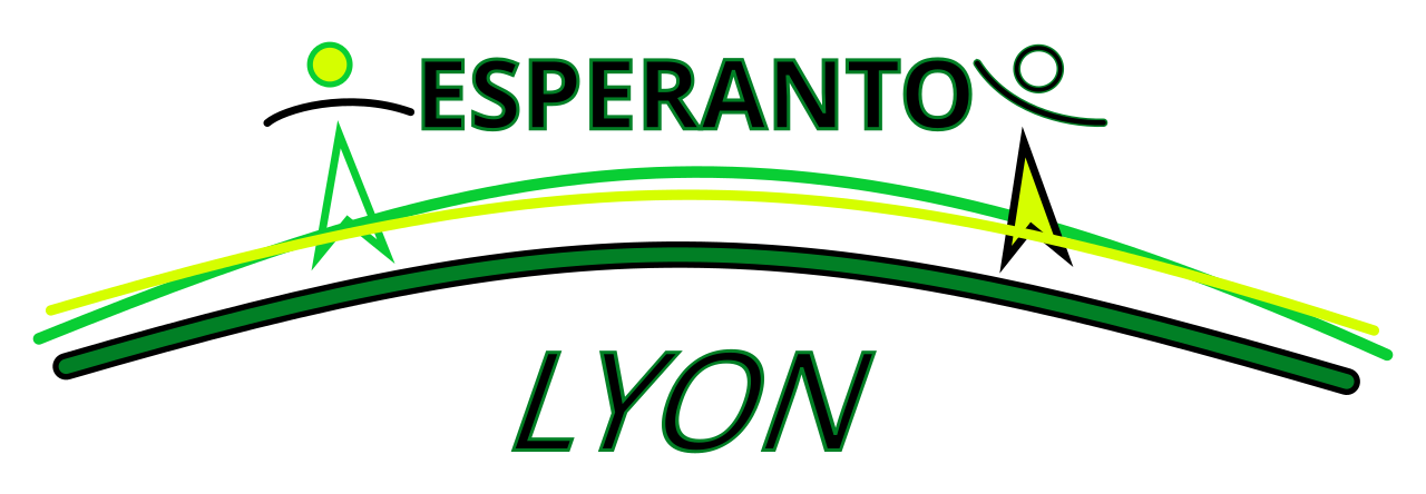 Verda kaj flava emblemo de la asocio Esperanto-Liono. La vorto "ESPERANTO" estas skribita supre, ĉirkaŭita de du stiligitaj homaj siluetoj. Du kurbaj linioj (verdaj) trapasas la emblemon, kaj la vorto "LYON" estas skribita malsupre en kursivo.